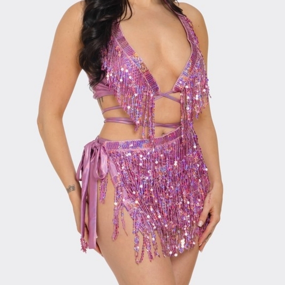 Other - NEW NWT PINK Sequin Bikini Top And Fringe Bottom Festival Set